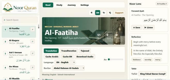 Noor Quran reader view showing Al-Fatihah and reading controls