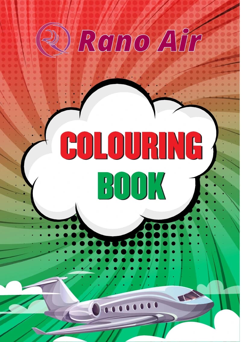 Rano Air children’s colouring book cover featuring an aviation-themed illustration
