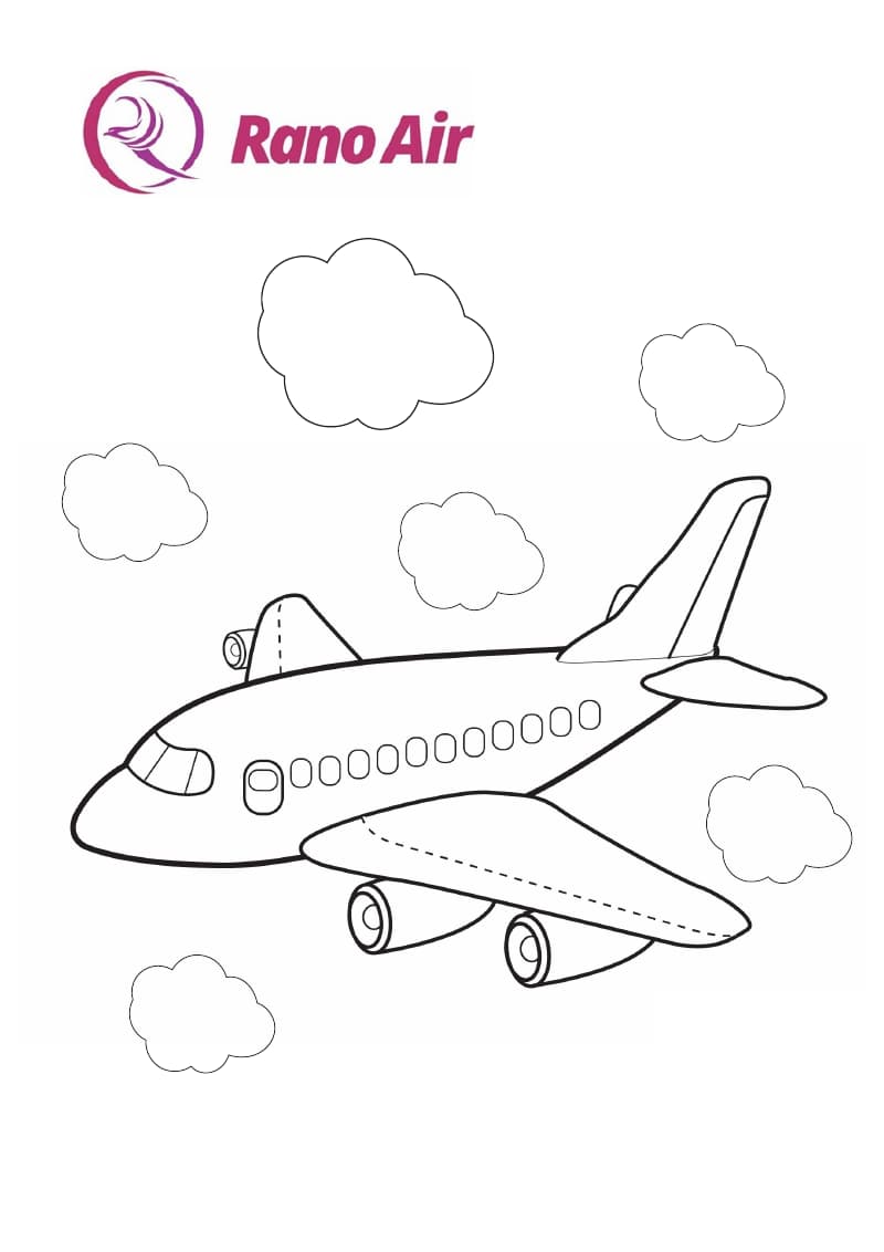Rano Air colouring-book page with an aeroplane and clouds to colour